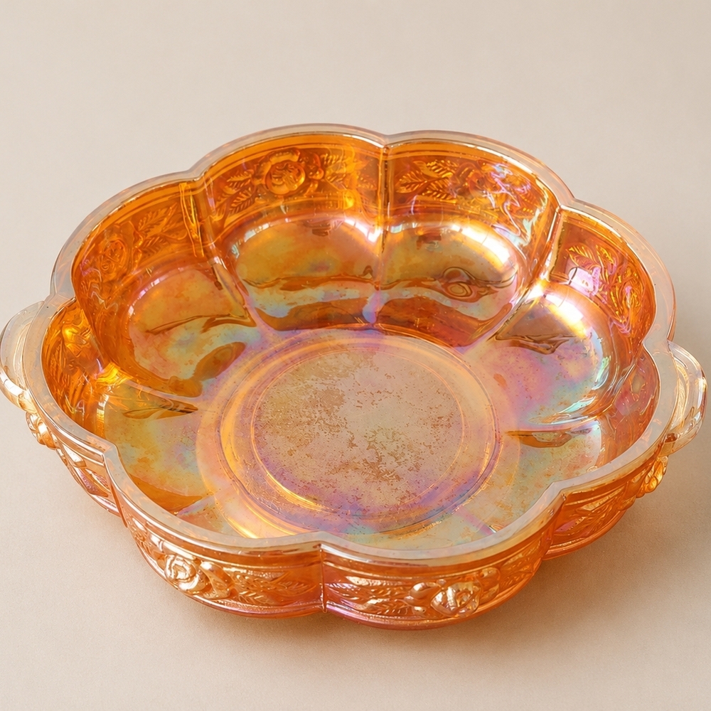 Vintage Jeanette Aztec RoseCarnival Glass Marigold 2 Handled Candy bowl.
